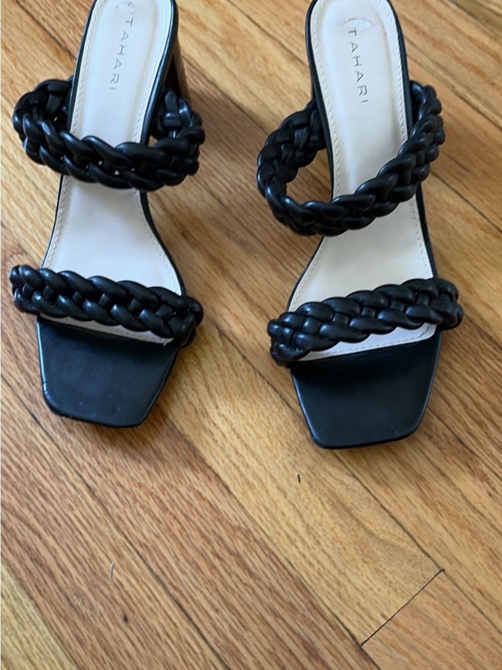 Tahari Black Braided Square Toe Slide Heels